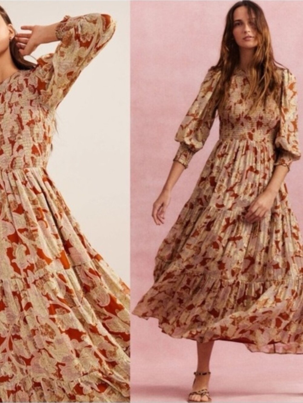 Boden Smocked Jacquard Maxi Dress Size 6  Orange Gold Metallic
